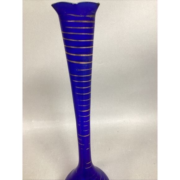 Vintage Cobalt Blue Glass Vase With Gold Stripes - 12”H - Picture 4 of 9